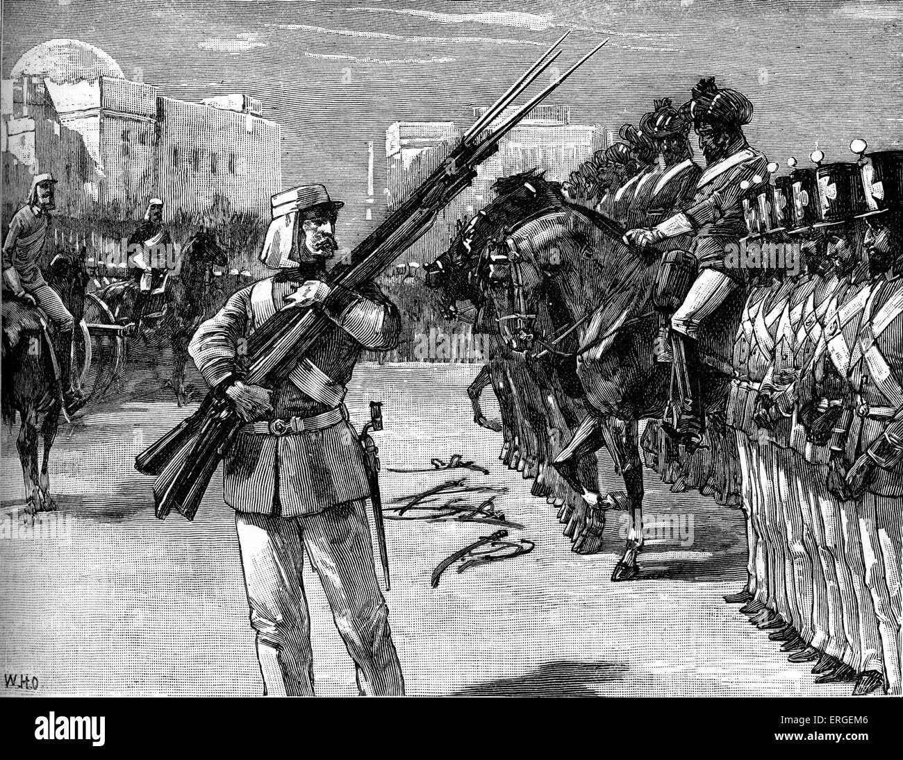 Disarmament of the 26th Indian regiment at Barrackpore, India. During the Indian Mutiny of 1857. Began as  mutiny of sepoys Stock Photo