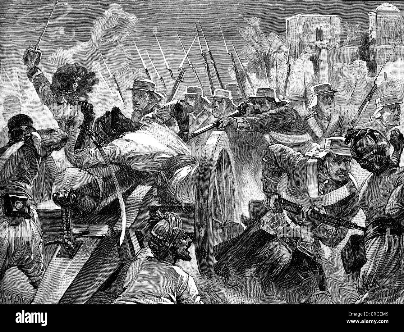 Highlanders capturing the guns at Cawnpore (now: Kanpur)  during the Indian Mutiny of 1857. Began as  mutiny of sepoys (Indian Stock Photo
