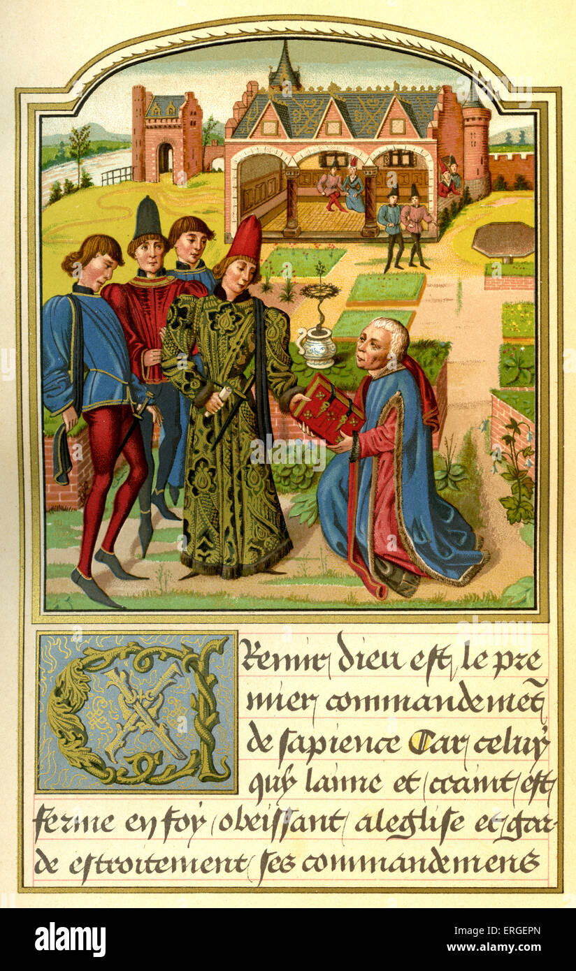 Georges Chastellain presenting his book to Charles, Duke of Burgundy. From miniature from Instruction d'un jeune prince by Stock Photo