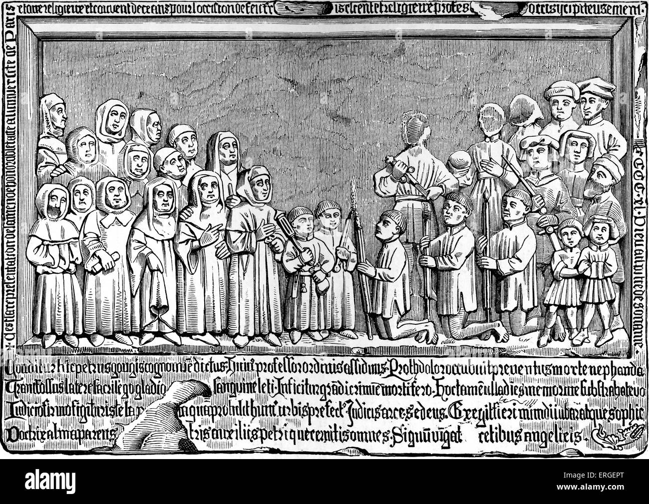Sergeants of the provost of Paris apologising for having infringed privilege of the clergy and the University, 1440. From stone Stock Photo