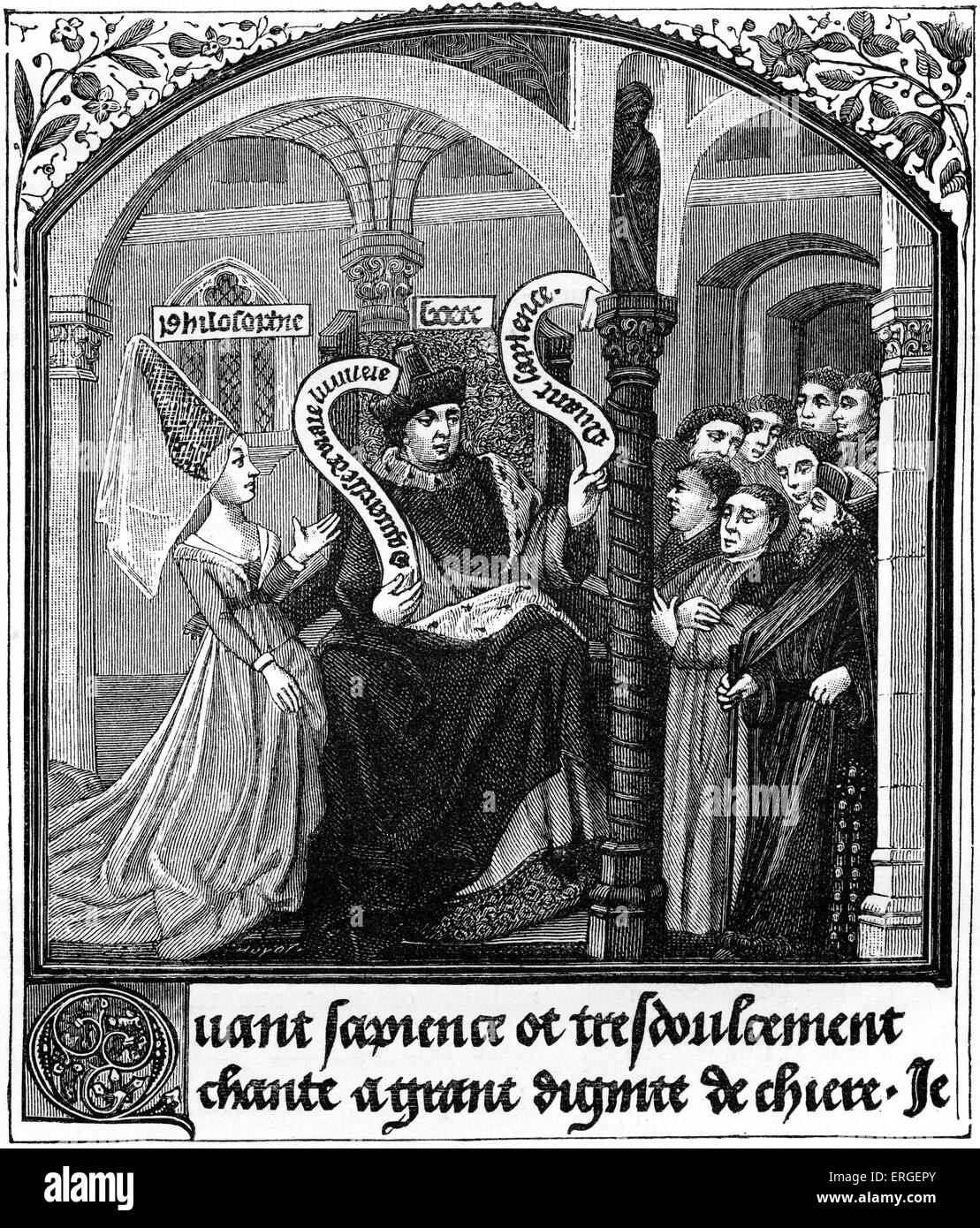 Boethius takes counsel of Dame Philosophy. Allegory, from miniature of 'Consolation of Boethius', translated by Jean de Meung in 15th century manuscript (Library of M. Ambroise Firmin- Didot). B: Anicius Manlius Severinus Boëthius, Rome- born philosopher of the early 6th century, ca. 480–524 or 525 AD. Stock Photo