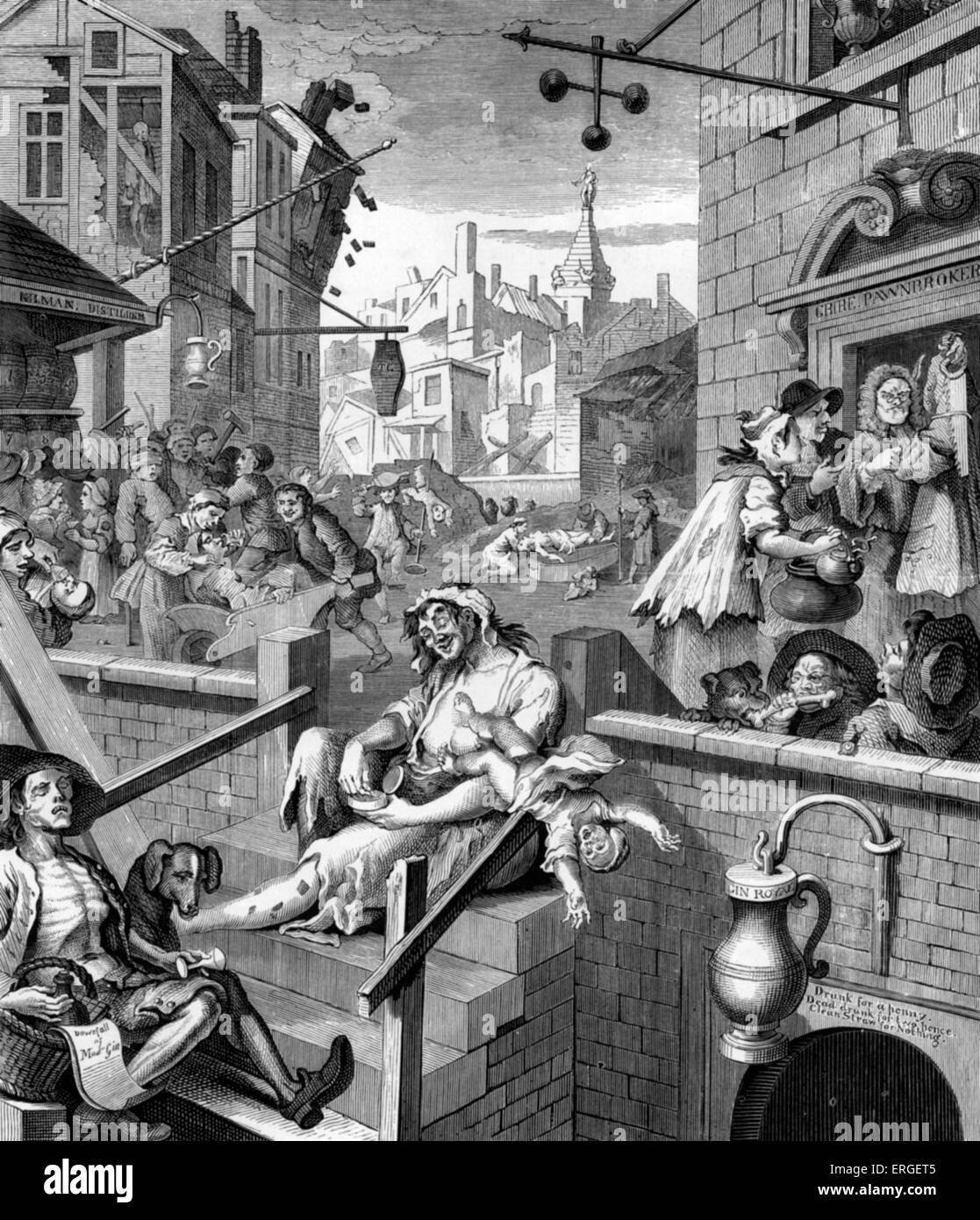 Gin Lane -  caricature by William Hogarth, circa 1750. WH:  English painter and artist, 10 November 1697 -October 1764. Stock Photo