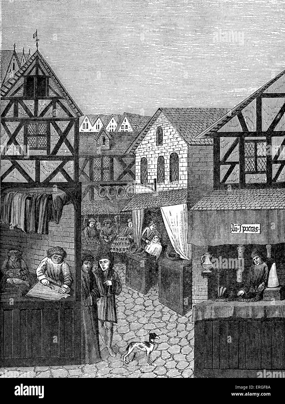 Shops in an Apothecary's Street : Barber, Furrier, and Tailor. From miniature in 'Regime des Princes', 15th century manuscript. Stock Photo