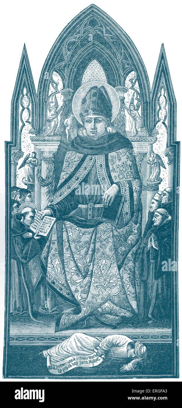 St. Augustine, Bishop of Hippo (from illustration by Italian Scool of 15th century). Wearing dress of his order under episcopal cape. At his feet, figure of Aristotle, holding signs that reads: 'dicimus mundum esse aeternum, non habere principium, neque finem' ('We say the world is eternal, has no beginning or end'). SA: Also known as Augustine, St. Augustine, St. Austin, St. Augoustinos, Blessed Augustine, or St. Augustine the Blessed, Bishop of Hippo Regius (present-day Annaba, Algeria). Latin - speaking theologian and philosopher of Roman region, 13 November 354 – 28 August 430. Stock Photo