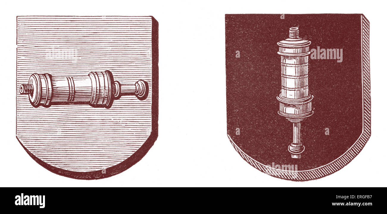 Apothecaries' Coat of Arms. Left: Banner of the Apothecaries of St. Lo. Right:  Banner of the Apothecaries of Caen. French. Stock Photo