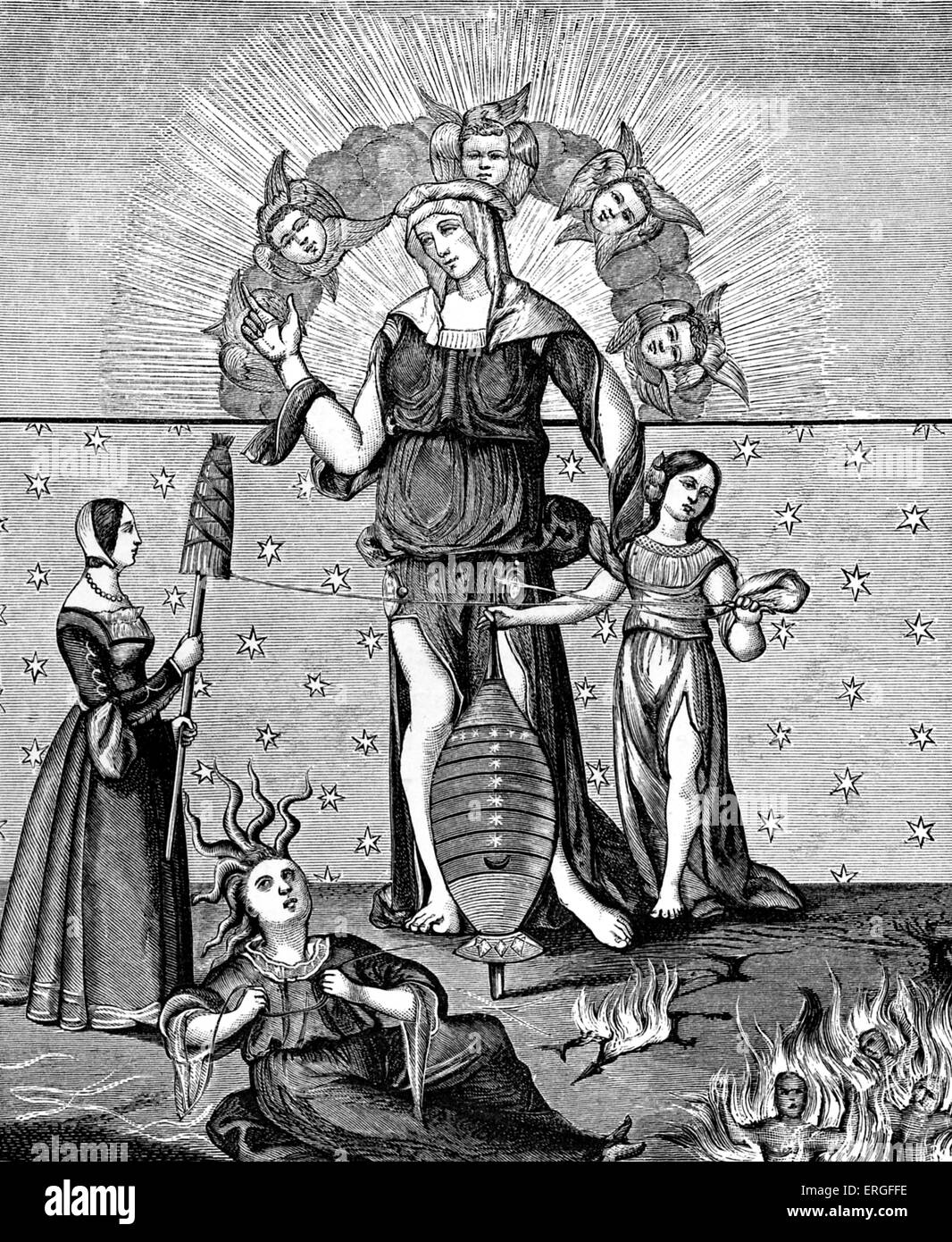 Dame of Astrology with the Three Fates. After miniature in 'Traité de la Cabale Chrétienne' by Jean Thénaud, 16th century, Stock Photo