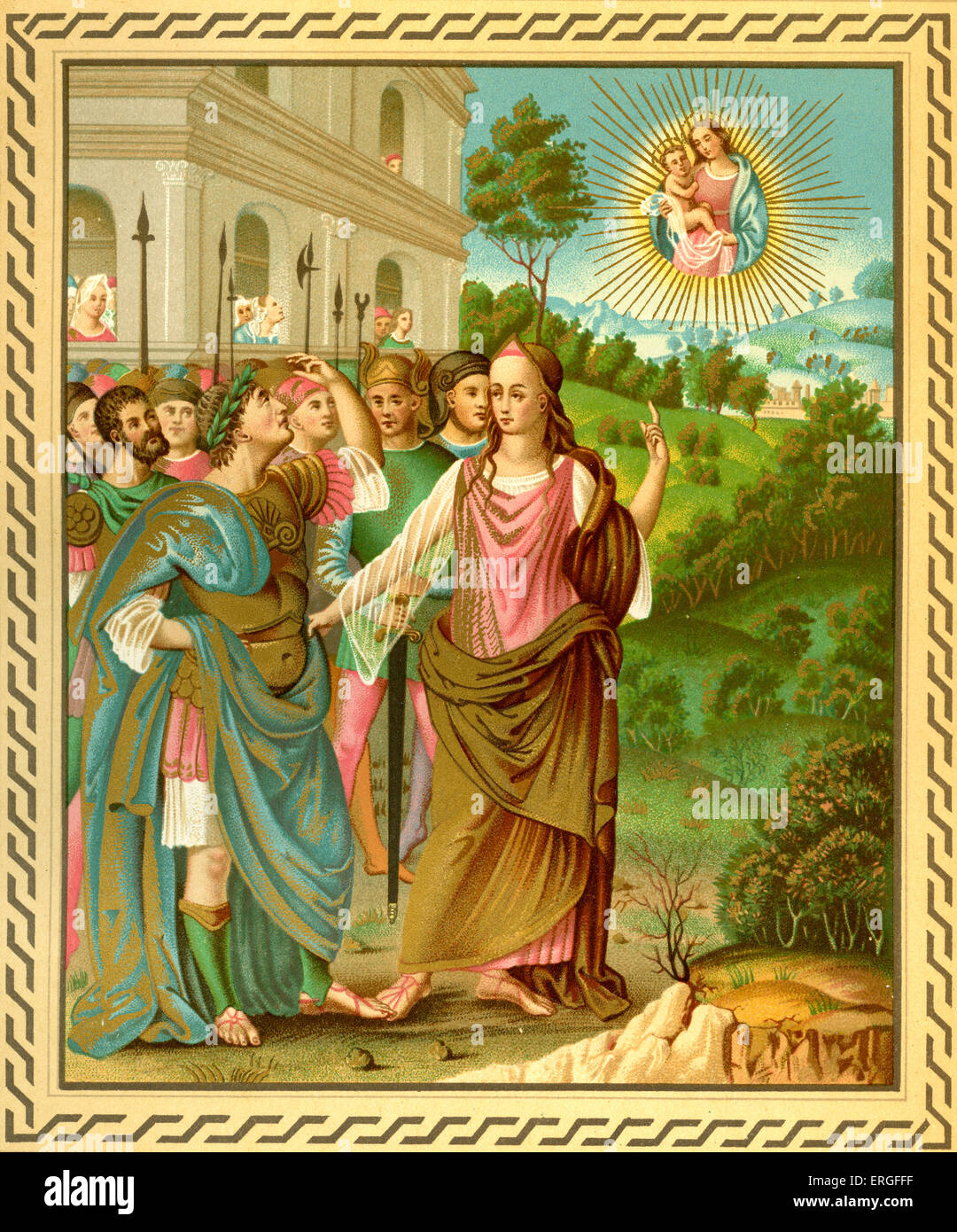 Sibyl of Tiburtis announcing to Augustus the coming of Jesus-Christ. From miniature in Historia romana excerpta ex libris Pauli Stock Photo