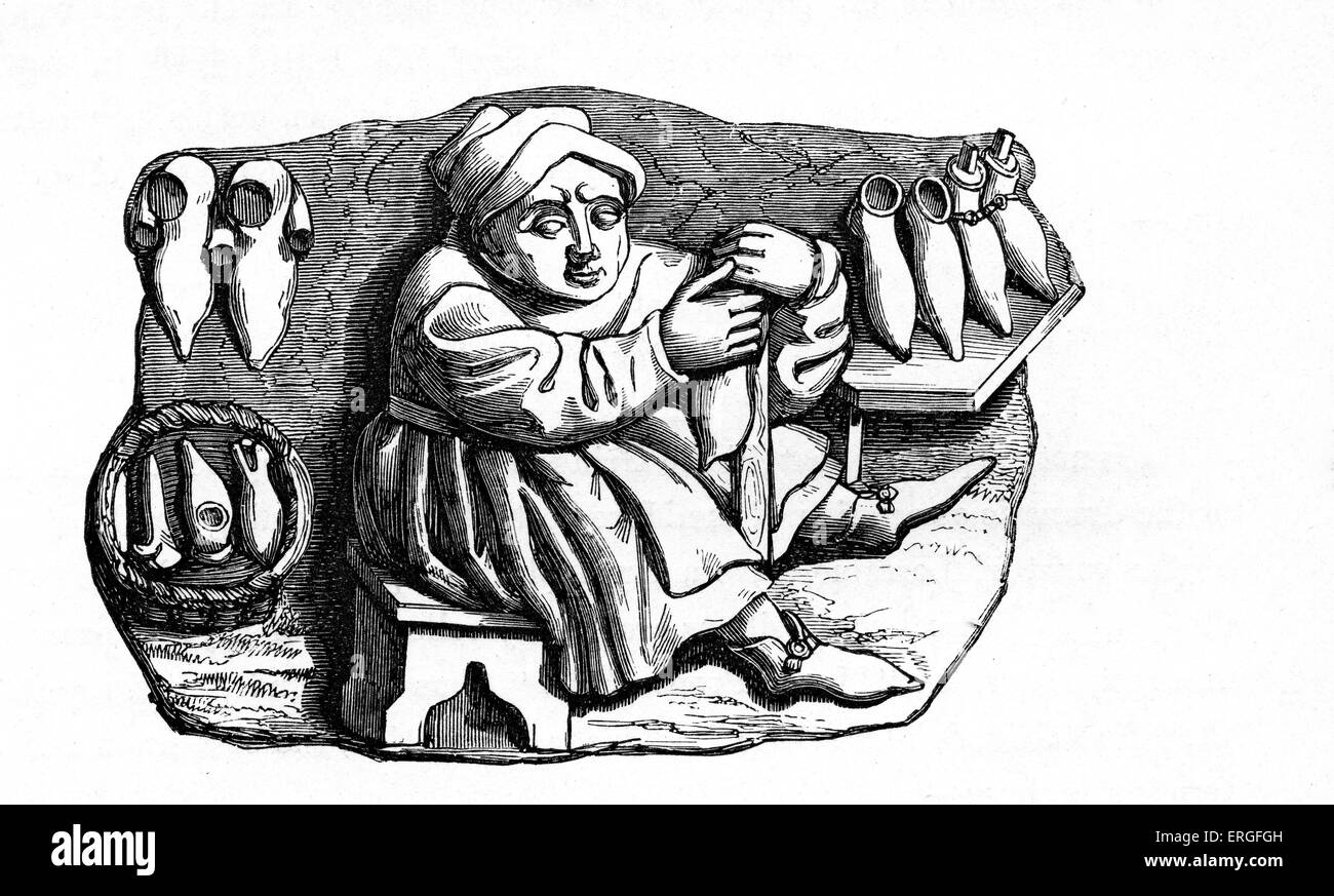 Shoemaker fitting a shoe - coped after Miséricordes stall in the choir of Rouen Cathedral, France. 15th century relief. Stock Photo