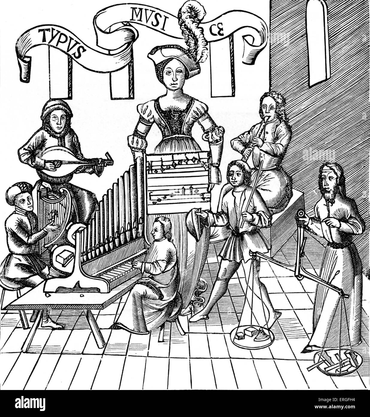 'The Personification of Music' - after wood engraving in 'Margarita Philosophica', 1508. Stock Photo