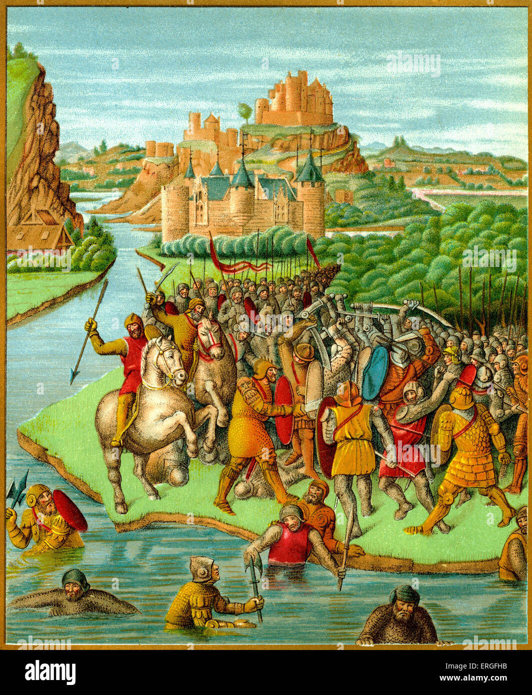 Battle of Jonathan against Baccide'. Castle and military uniforms of the 15th century. After miniature by J.Fouquet in 'History of the Jews' by Josephus, translation from Greek to French. Stock Photo
