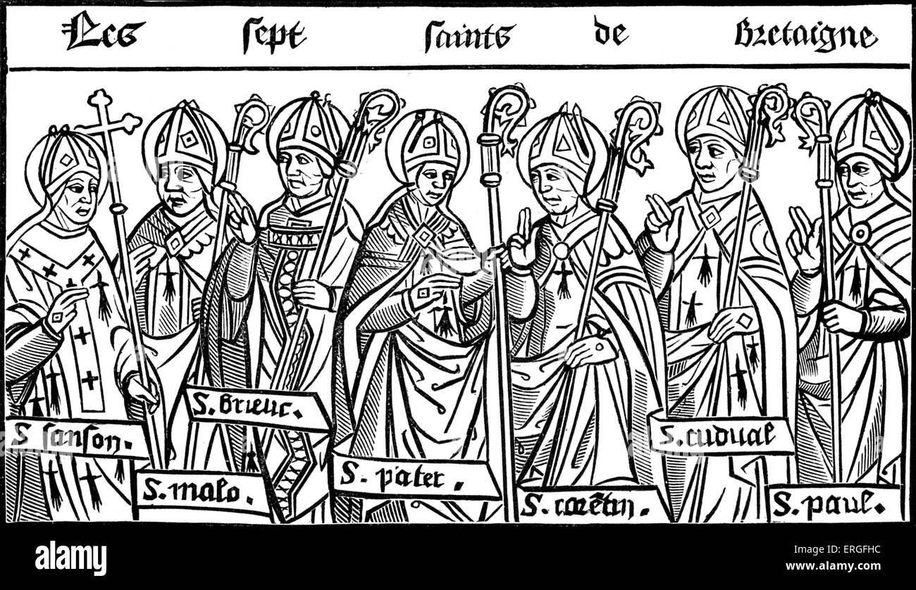 The Seven Saints of Brittany - from reproduction of wood engraving in 'Chroniques de Bretagne' by Alain Bouchard, Paris, 1514. Stock Photo