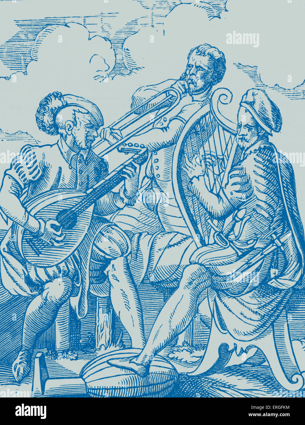 German Musicians playing Lute and Guitar - from engraving by J Amman, 16th century. Stock Photo