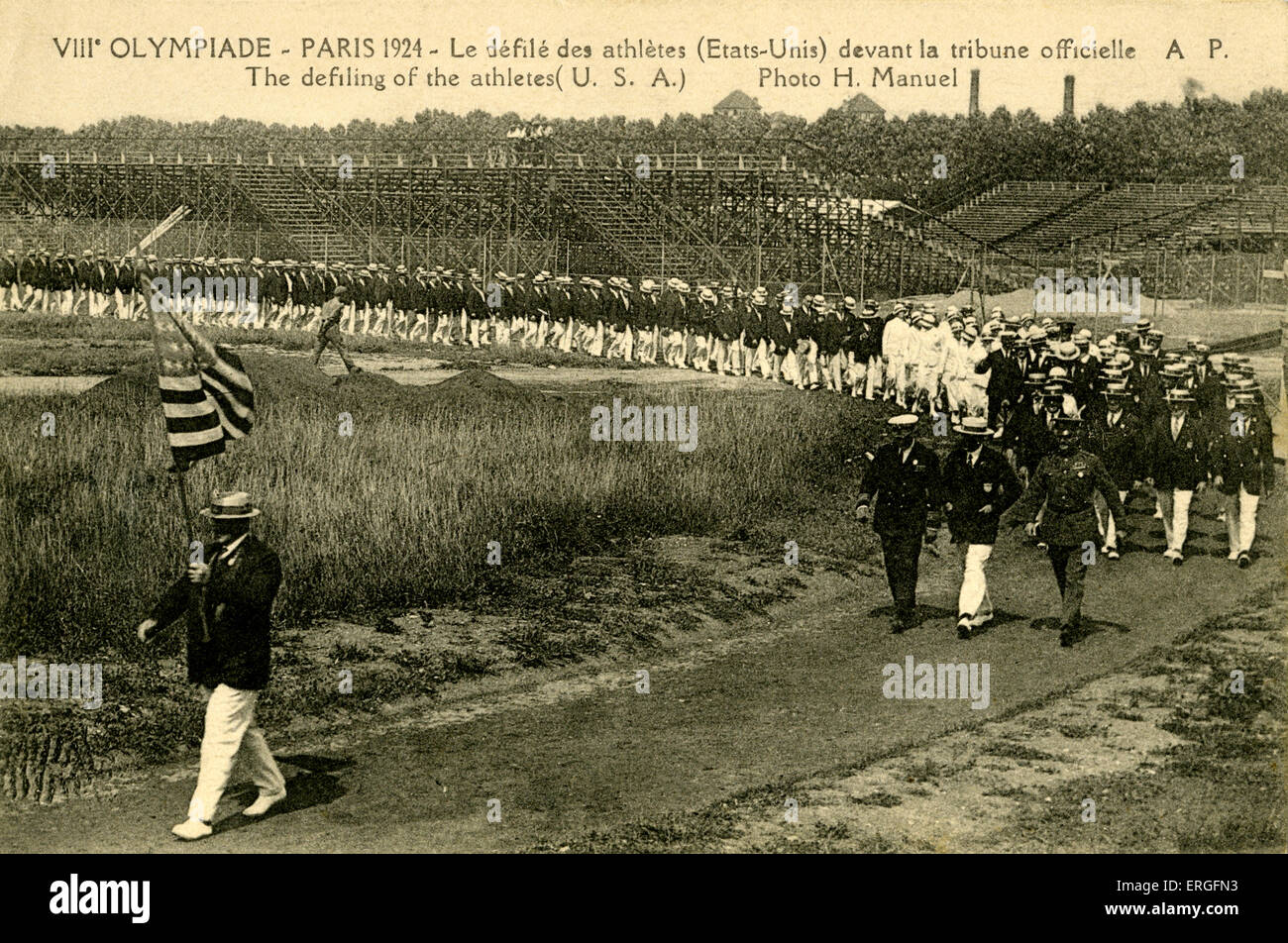 Olympics Parade 1928 Paris France. 8th Olympiad.  American athletes marching past. Photo by H Manuel. Jeux Olympiques Stock Photo