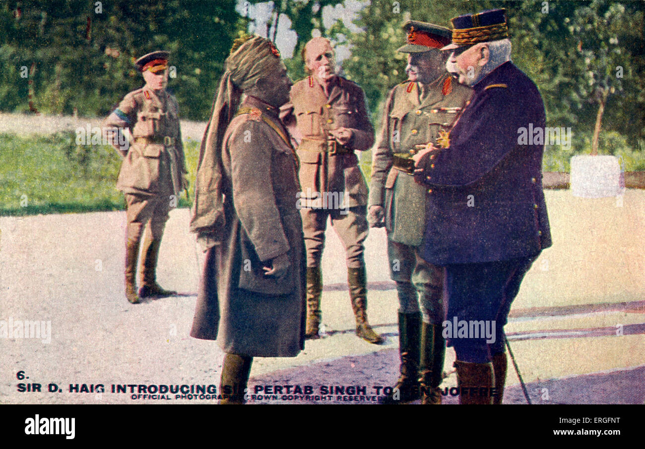 Sir Douglad Haig introducing Pertab Singh to Joffre during World War I.  Pratap Singh of Idar, British Indian Army officer, Stock Photo