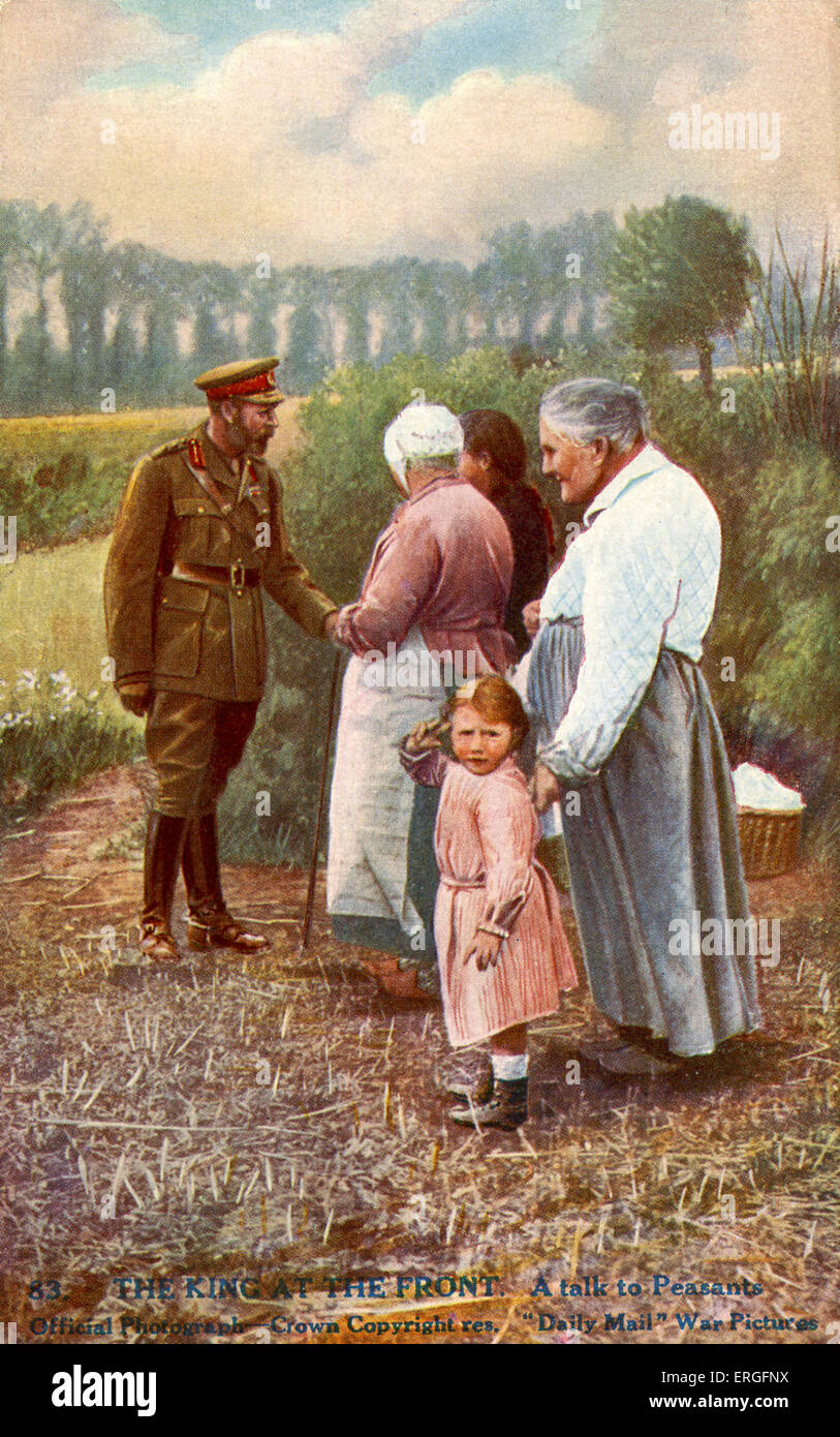 George V meeting peasants on the Western Front during World War 1. GV:  King of the United Kingdom and the British Dominions, Stock Photo