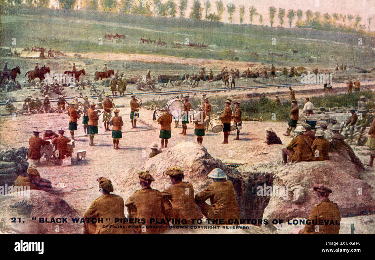 Black Watch pipers playing to British troops following their capture of Longueval, France during World War I (Western Front). Stock Photo