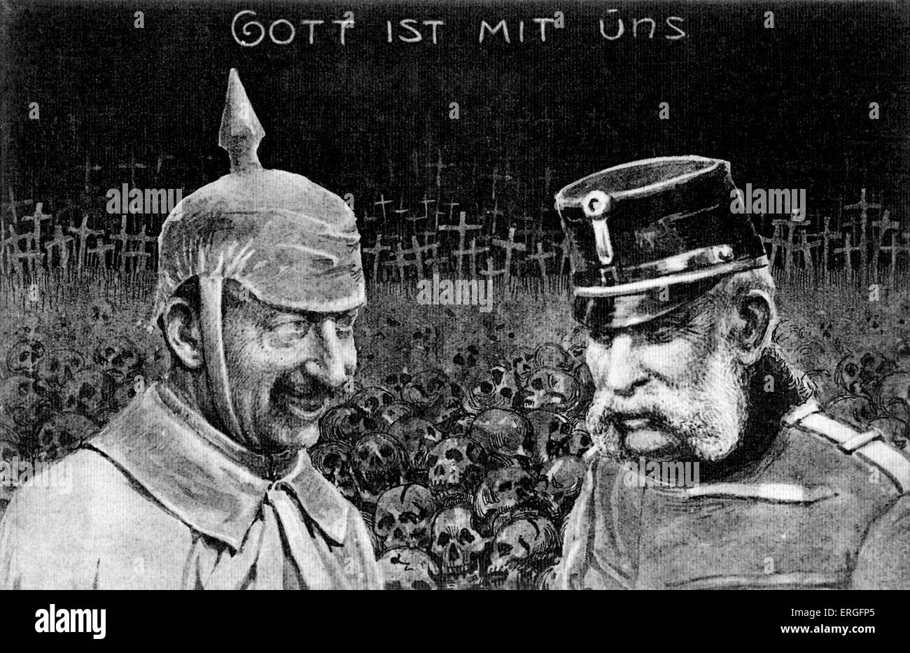 'Gott ist mit uns' ('God is with us') - World War 1 postcard. Showing German and French general with skulls and crosses of Stock Photo