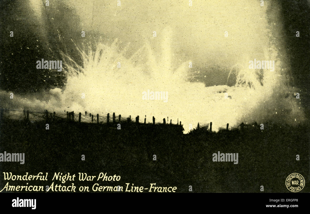 World War I: American artillery  attack on German line, France (Western Front). Night view. Postcard. Stock Photo