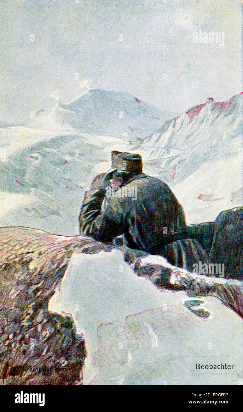 German observer  in the snow, during World War I. Post card of German Red Cross '  'Kriegsfürsorgeamt'. Stock Photo