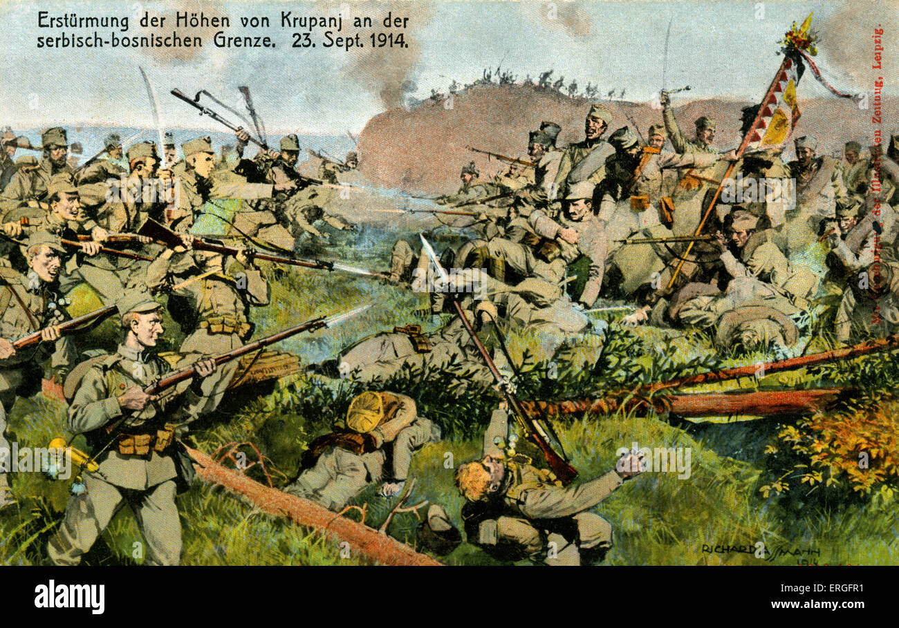 Storming of Krupanj on the Serbian- Bosnian border, 23 September 1914. Illustration by Richard Assmann, 1914.  During World War Stock Photo