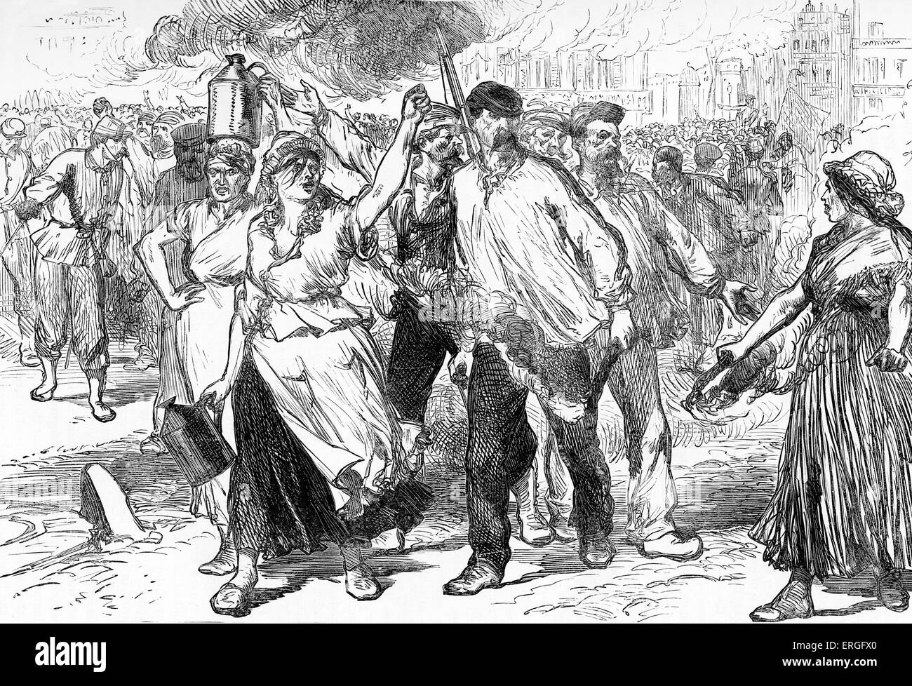 Paris Commune: Rioters and Pétroleuses burning buildings.  Government that briefly ruled Paris from 18/28  March to 28  May Stock Photo