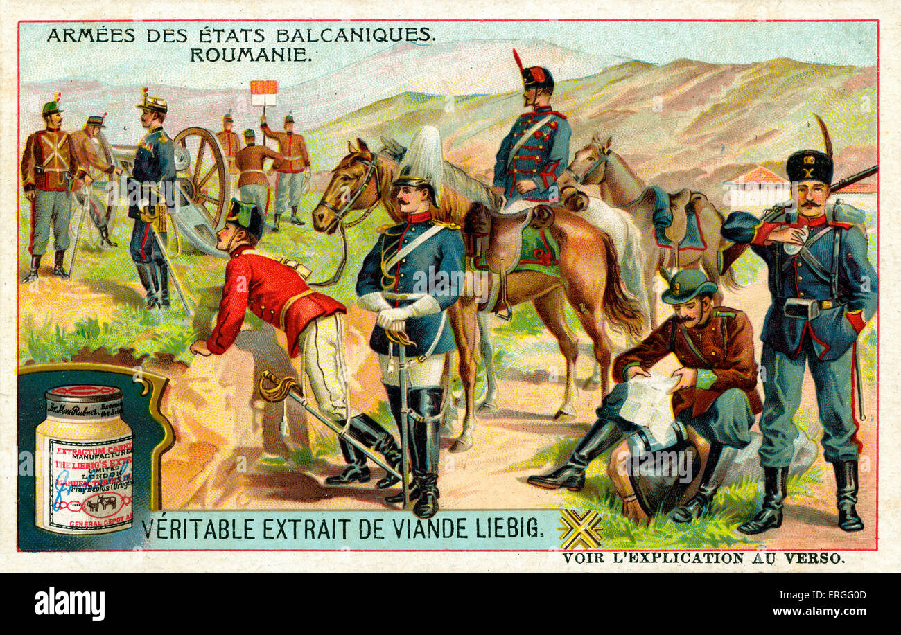 Armies of the Balkan States: Romania. 1910. (French: Armées des États balcaniques: Roumanie). Liebig Extract of Meat Collectible Card. Stock Photo