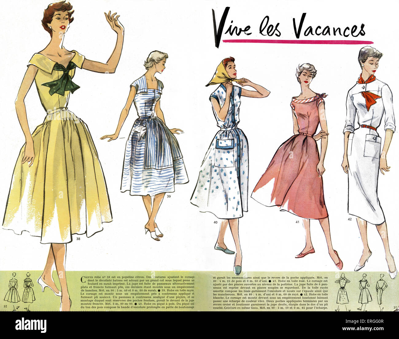 French Summer Fashions, 1950s. Published in 'Modes et Travaux' - French fashion magazine, July 1955. Stock Photo