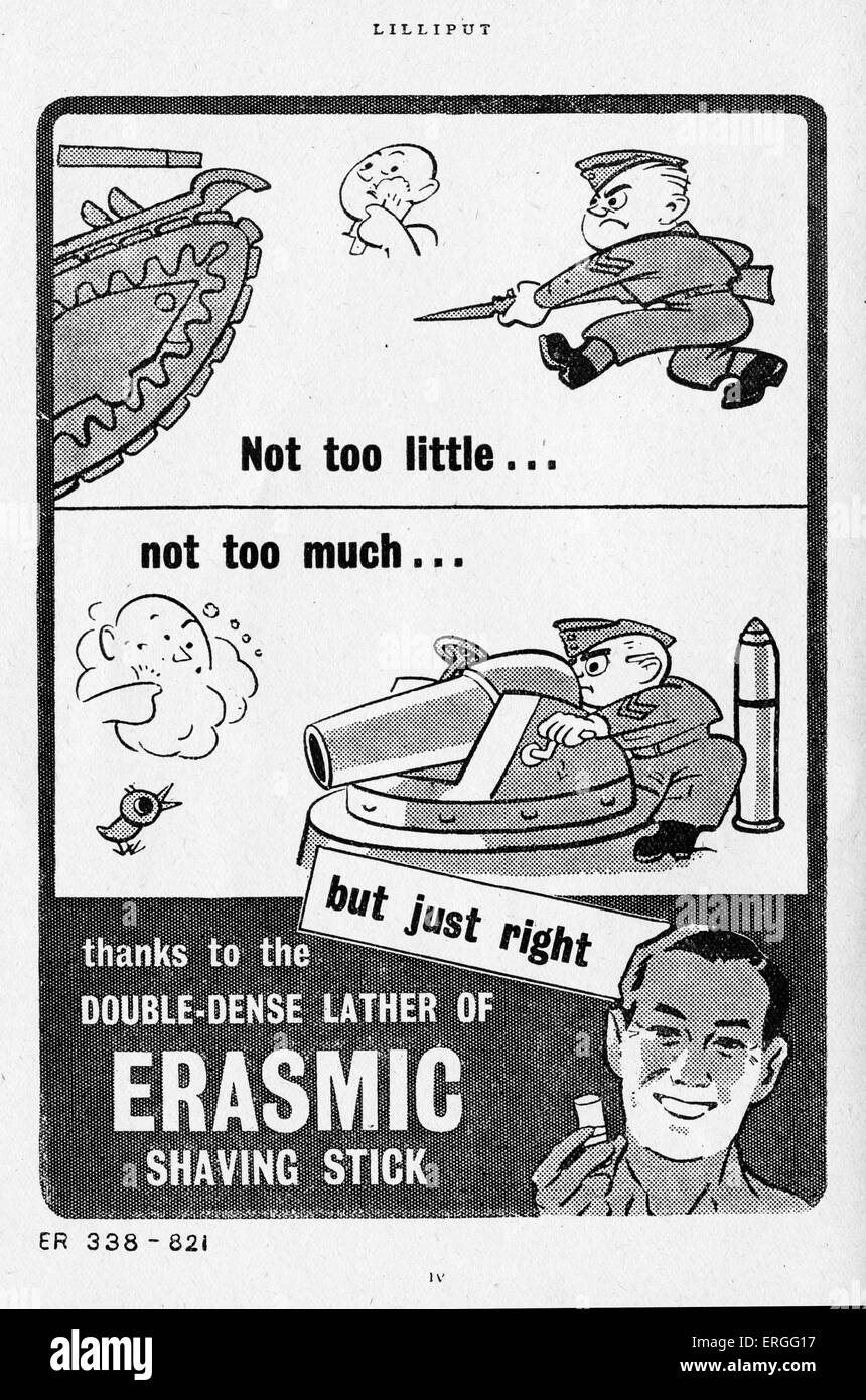 Humorous advertisement from Word War 2: Erasmic Shaving Stick. Caption: 'Not too little…Not too much'. 1942 Stock Photo