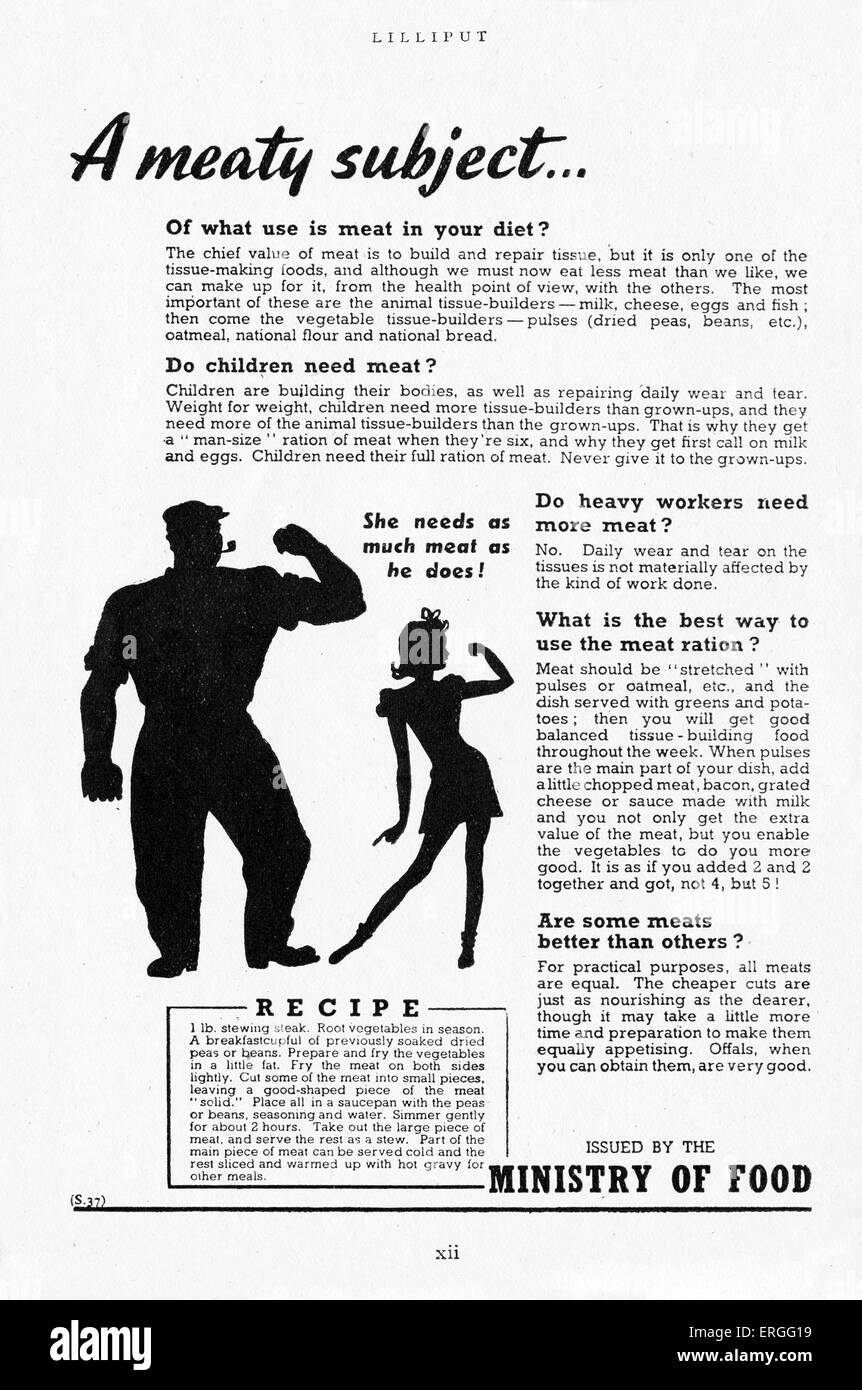 Ministry of Food advertisement: 'A meaty subject'. Published during World War 2 to advise the public on the importance of Stock Photo