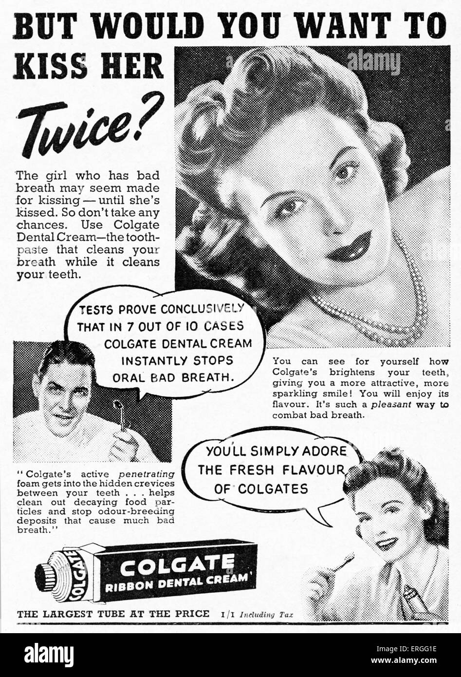 Colgate World War 2 advertisement, 1942. Caption: 'But would you want to kiss her twice?'. Stock Photo