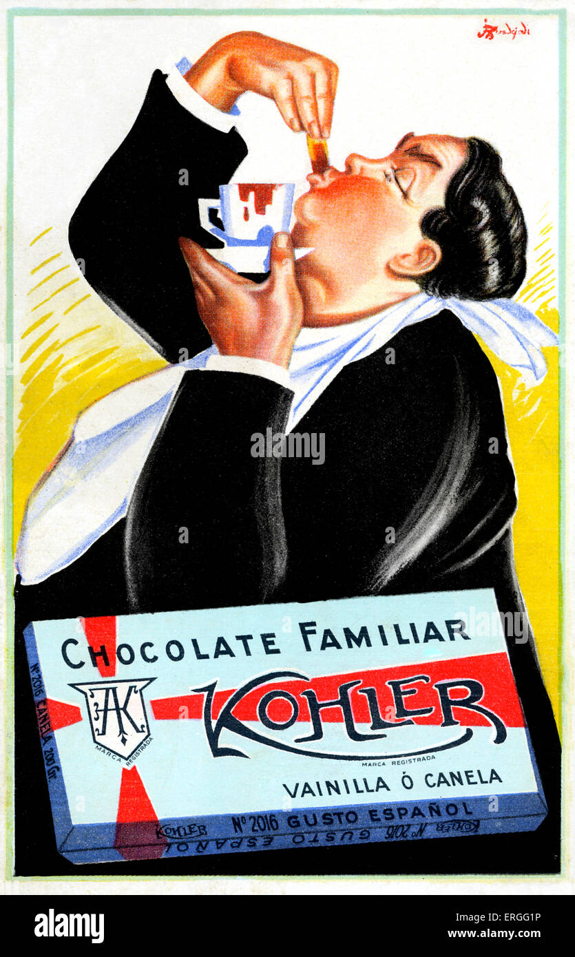 Kohler Chocolate Spanish advert, 1900s. Box reads Family chocolate