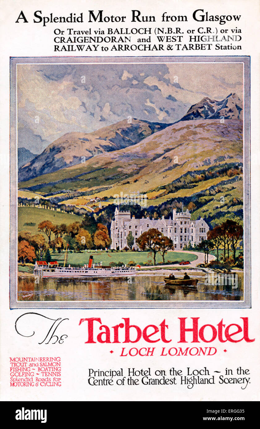 Tarbet Hotel, Loch Lomond, Scotland - advertisement. Caption: 'A Splendid Motor Run from Glasgow'. Advertises following leisure Stock Photo