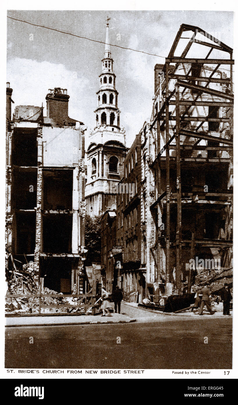St. Bride 's Church during World War 2, London, UK. Viewed from New Bridge Street. Located off Fleet Street. Journalists' church Stock Photo