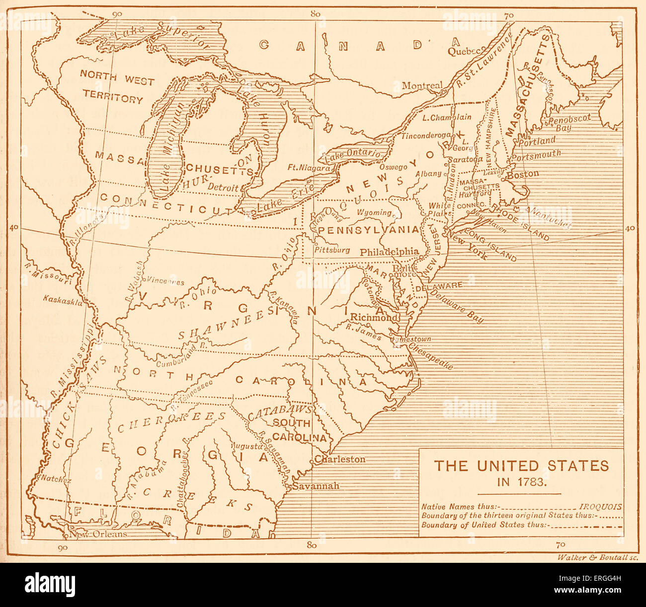Map of post-independence United States, 1783. Shows the thirteen original states, national boundary and Native American location names. Stock Photo