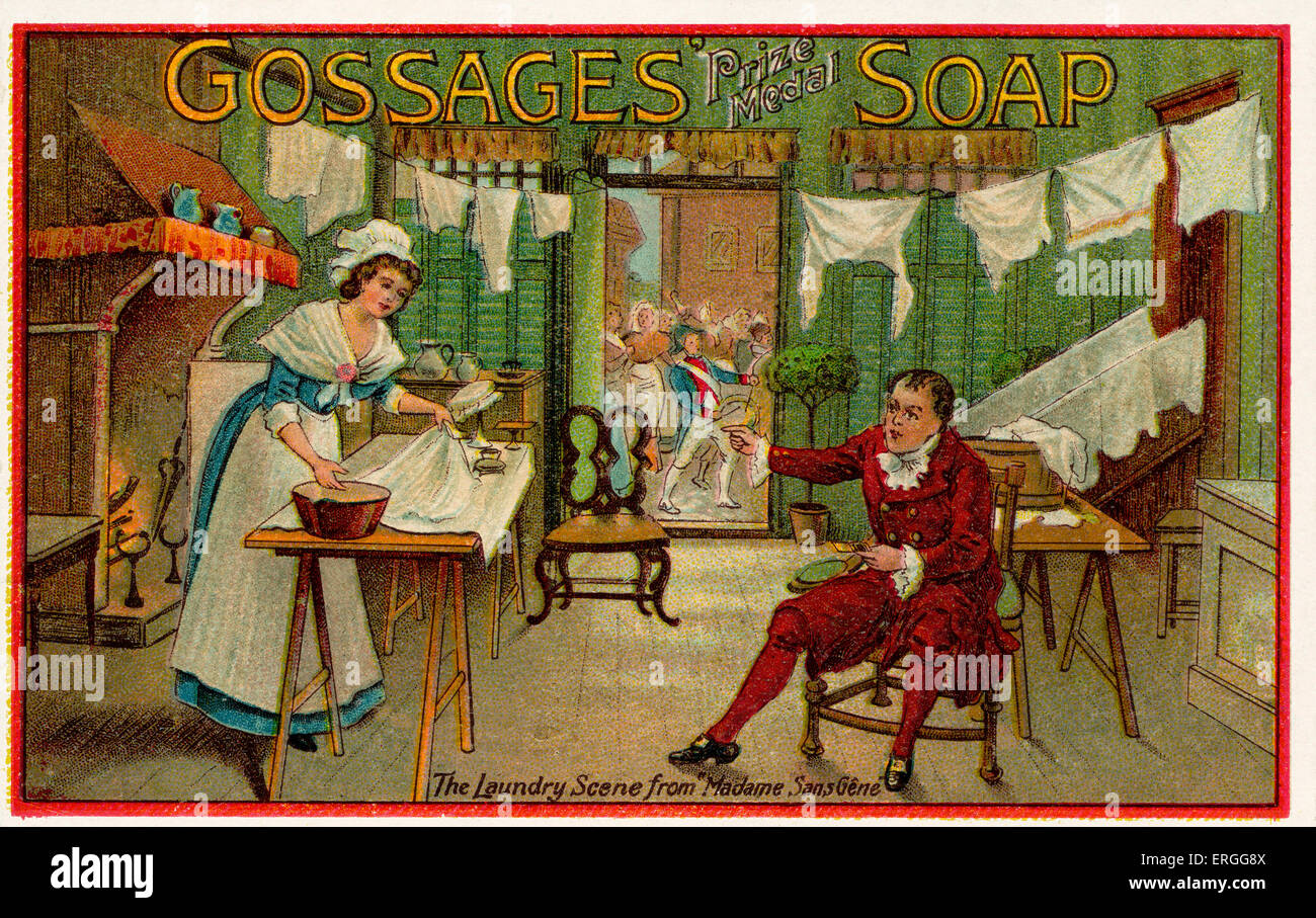 Gossages Soap - early 20th century advertisement. British soap company. Showing The Laundry Scene from Madame Sans Gêne. Stock Photo