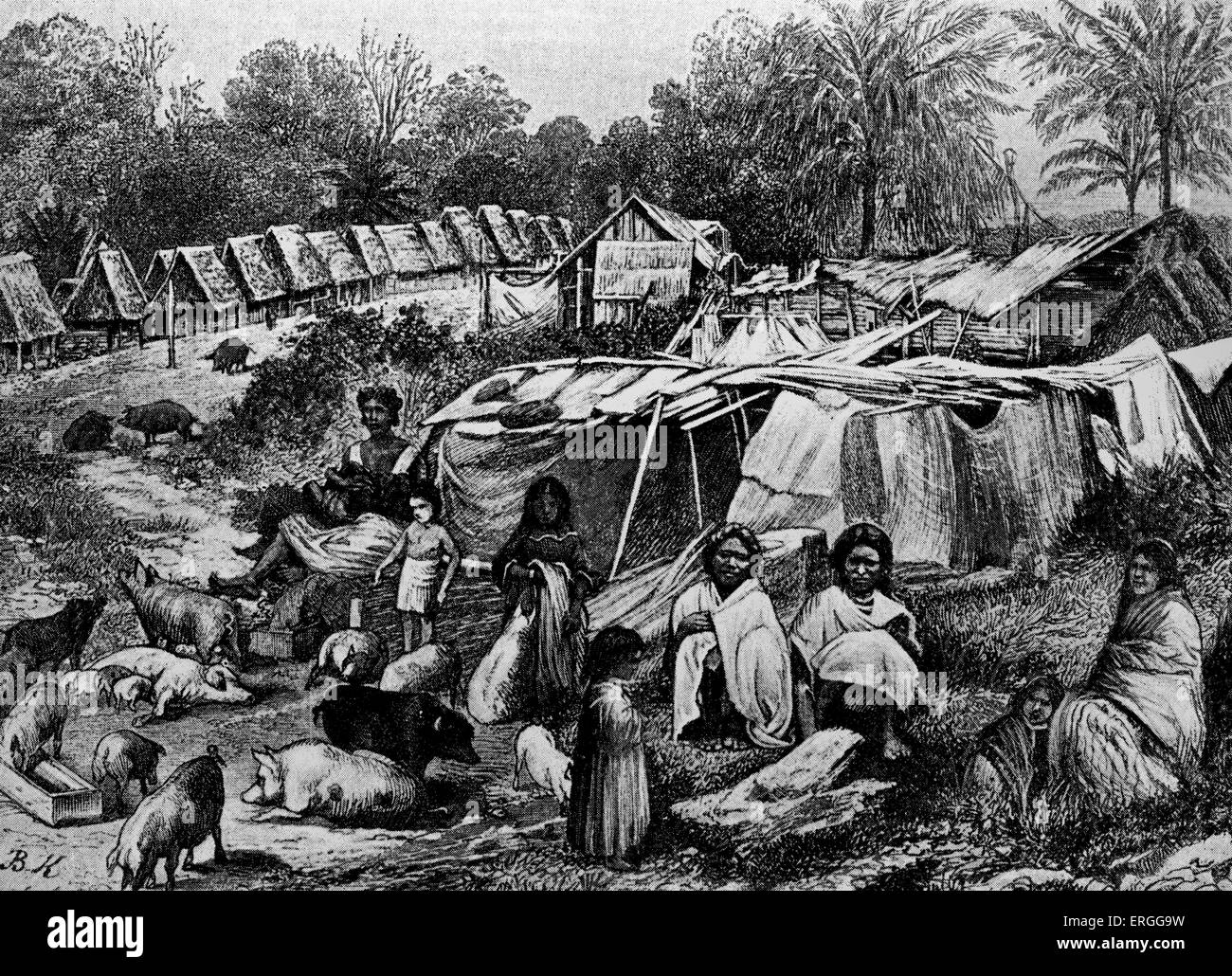 Panama village and its inhabitants, South America c. 1880s.Caption reads: The natives and their homes in a Panama village . Stock Photo