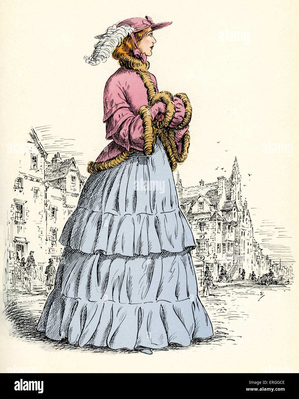 Scottish women 's fashion: 1856. Illustration with background of John Knox 's house, Edinburgh. C. 1936. Stock Photo