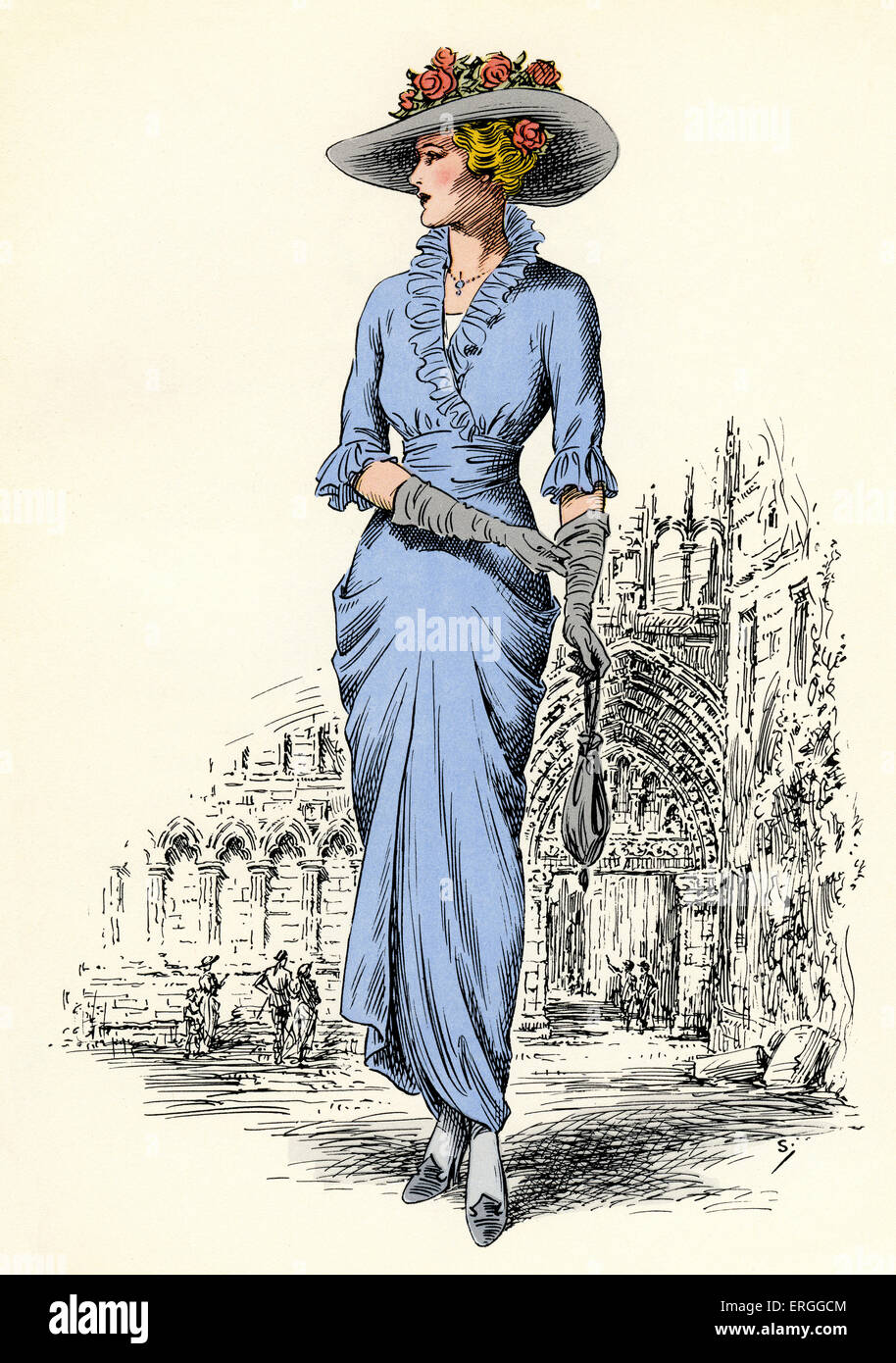 Scottish women 's fashion:  1912 - 1913 . Illustration with Abbey of Holyrood in background.  C. 1936. Stock Photo