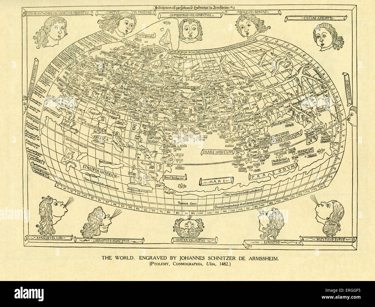 The World - map engraved by Johannes Schnitzer de Armssheim, cartographer of Ptolemy 's 'Geography', 1482. Stock Photo