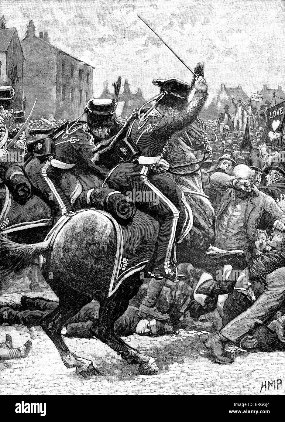 Peterloo Massacre, St Peter's Field, Manchester, UK 16 August 1819. Cavalry charged at a crowd who had gathered to demand reform of parliamentary represenation. Stock Photo
