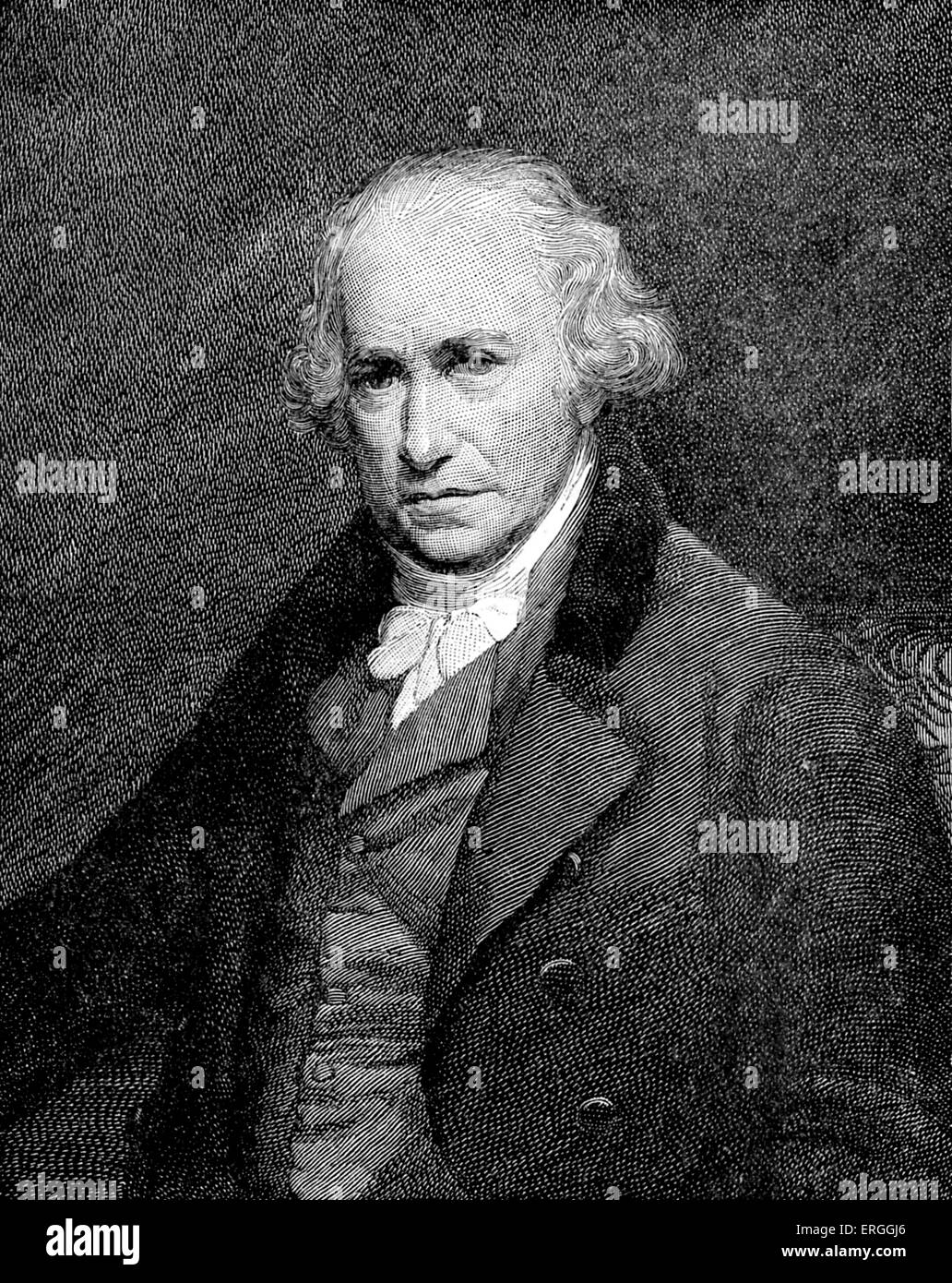 James Watt - after portrait by Sir W. Beechey.  Watt, Scottish inventor and mechanical engineer. Innovations to the Newcomen Stock Photo