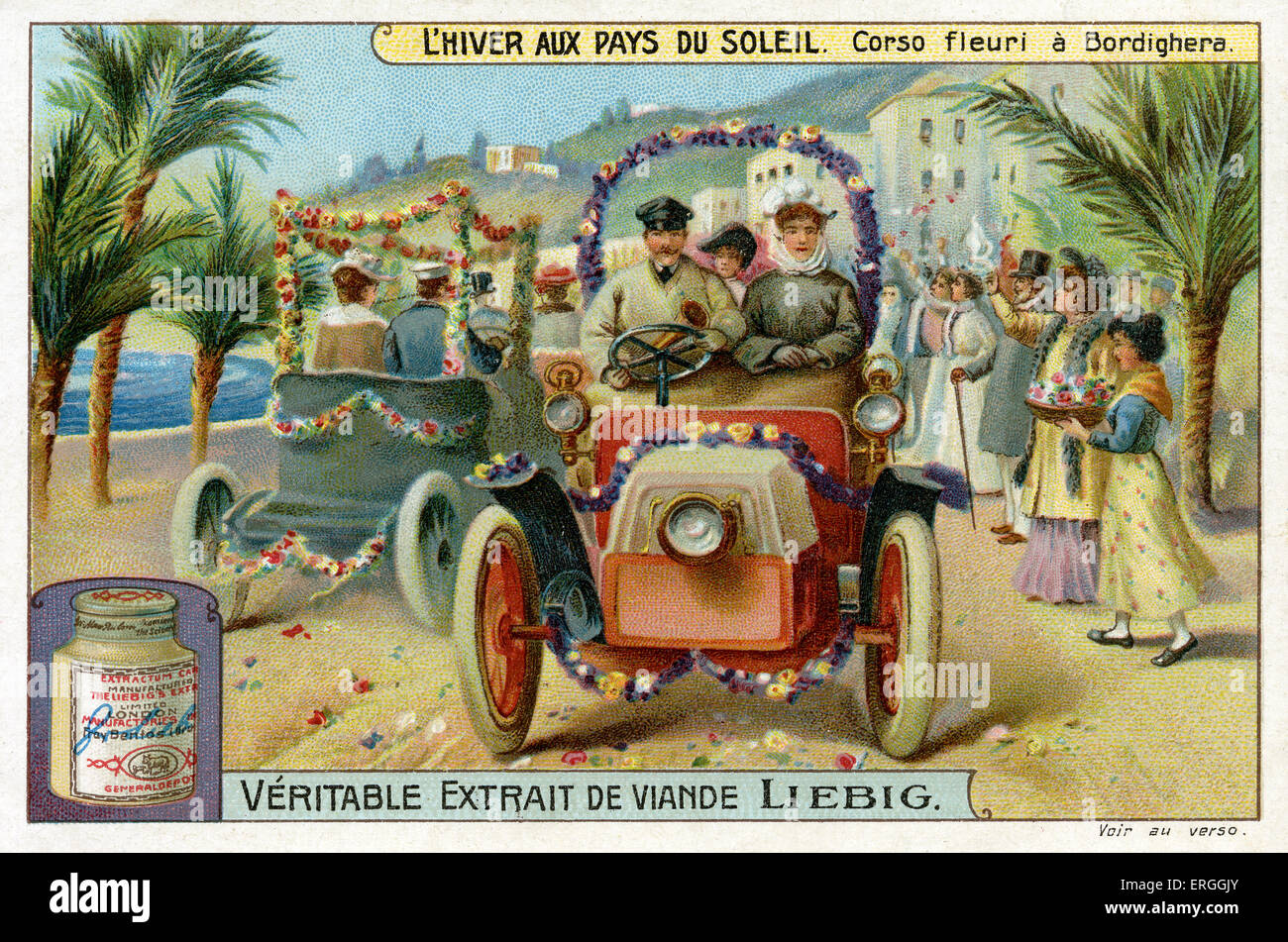 Winter in the Sun: Flower parade in Bordighera, Italy.   1910. Liebig Collectible Card ('L'Hiver aux pays du soleil: Corso Stock Photo