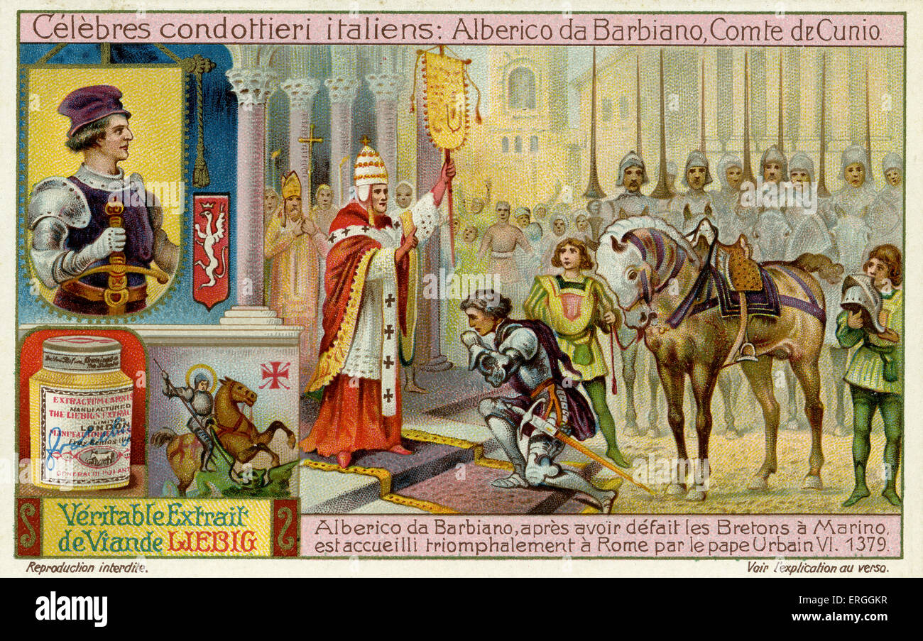 Famous Italian Condottieri: Alberico da Barbiano (c. 1344 โ 1409). Illustration of 1911. Pope Urban VI welcomes Barbiano to