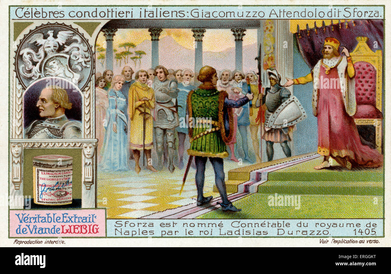 Famous Italian Condottieri: Muzio Sforza  (28 May 1369 – 4 January 1424).  Illustration of 1911. Sforza is named a constable of Stock Photo