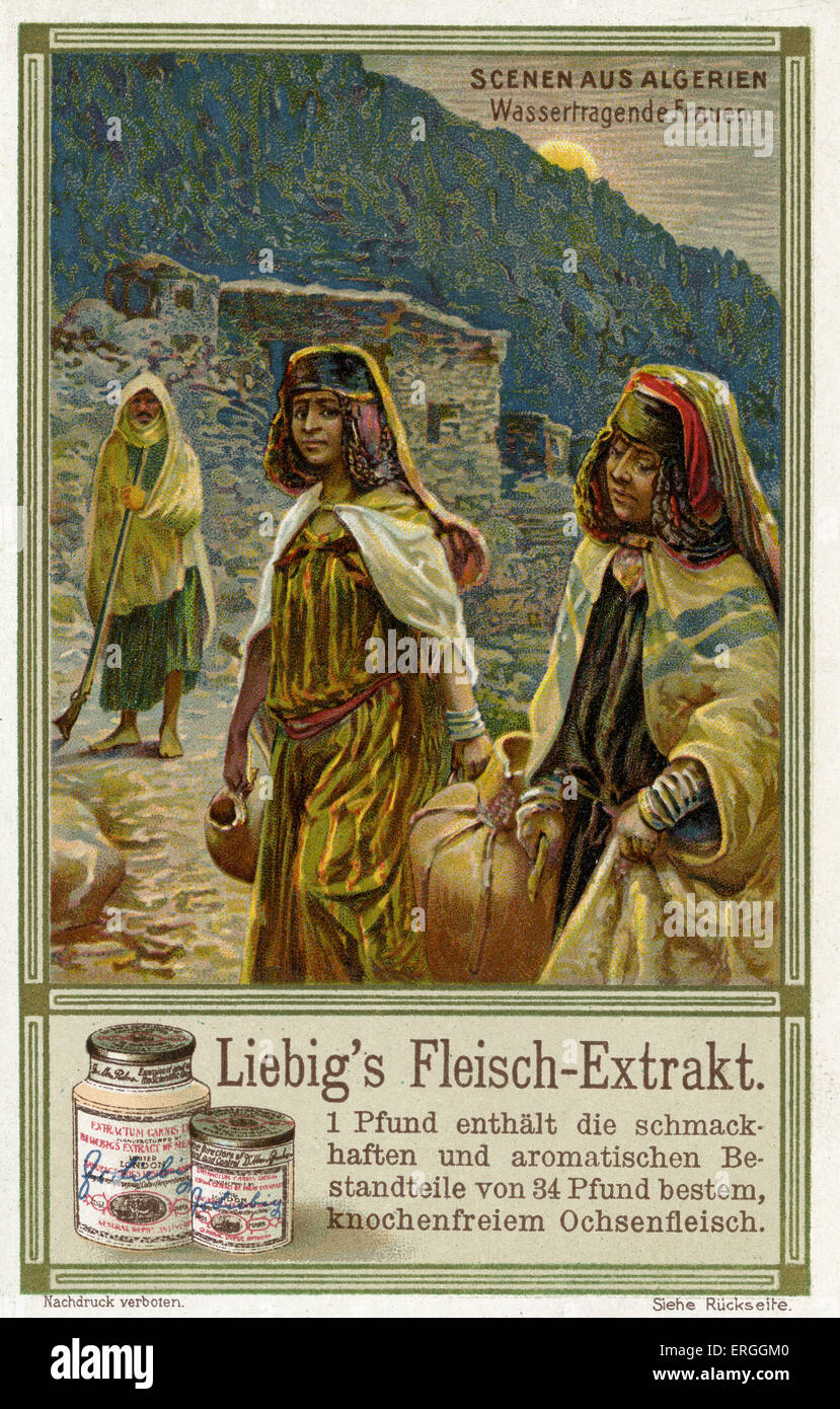Algerian Scenes:  Women carrying water. Illustration of 1910. Liebig Extract of Meat Collectible Cards. Stock Photo