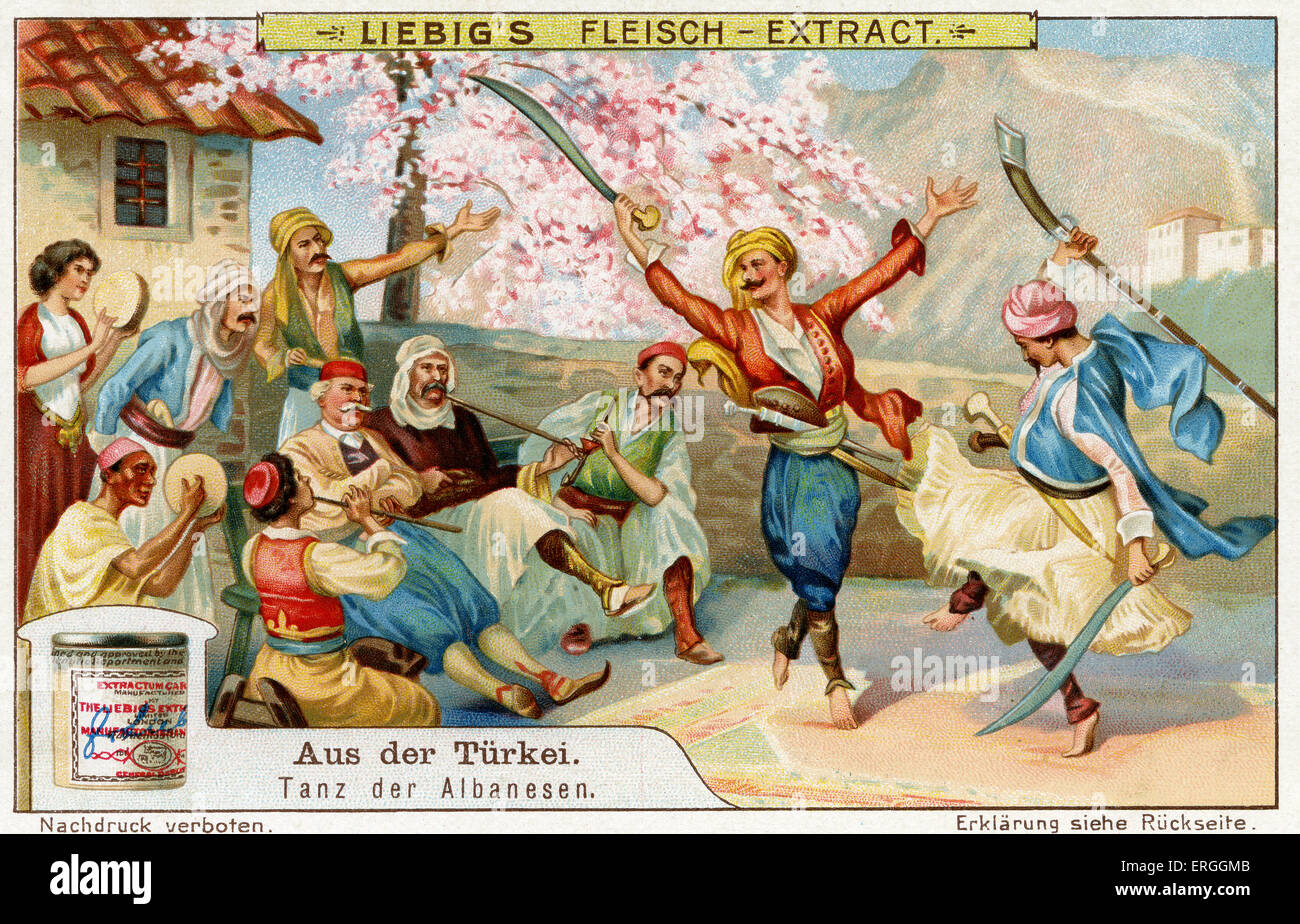 Turkey: Albanian Dance. Illustration of 1910. Liebig Collectible Card (Series: Aus der Türkei). Stock Photo