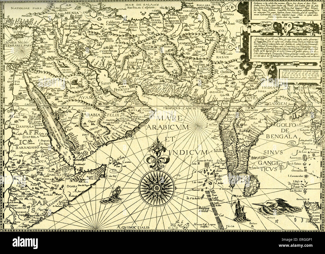 'North East Africa, Arabia, Persia and India'- map in Linschoten's 'Navigatio ac Itinerarium, etc.', 1599.  Jan Huyghen van Stock Photo