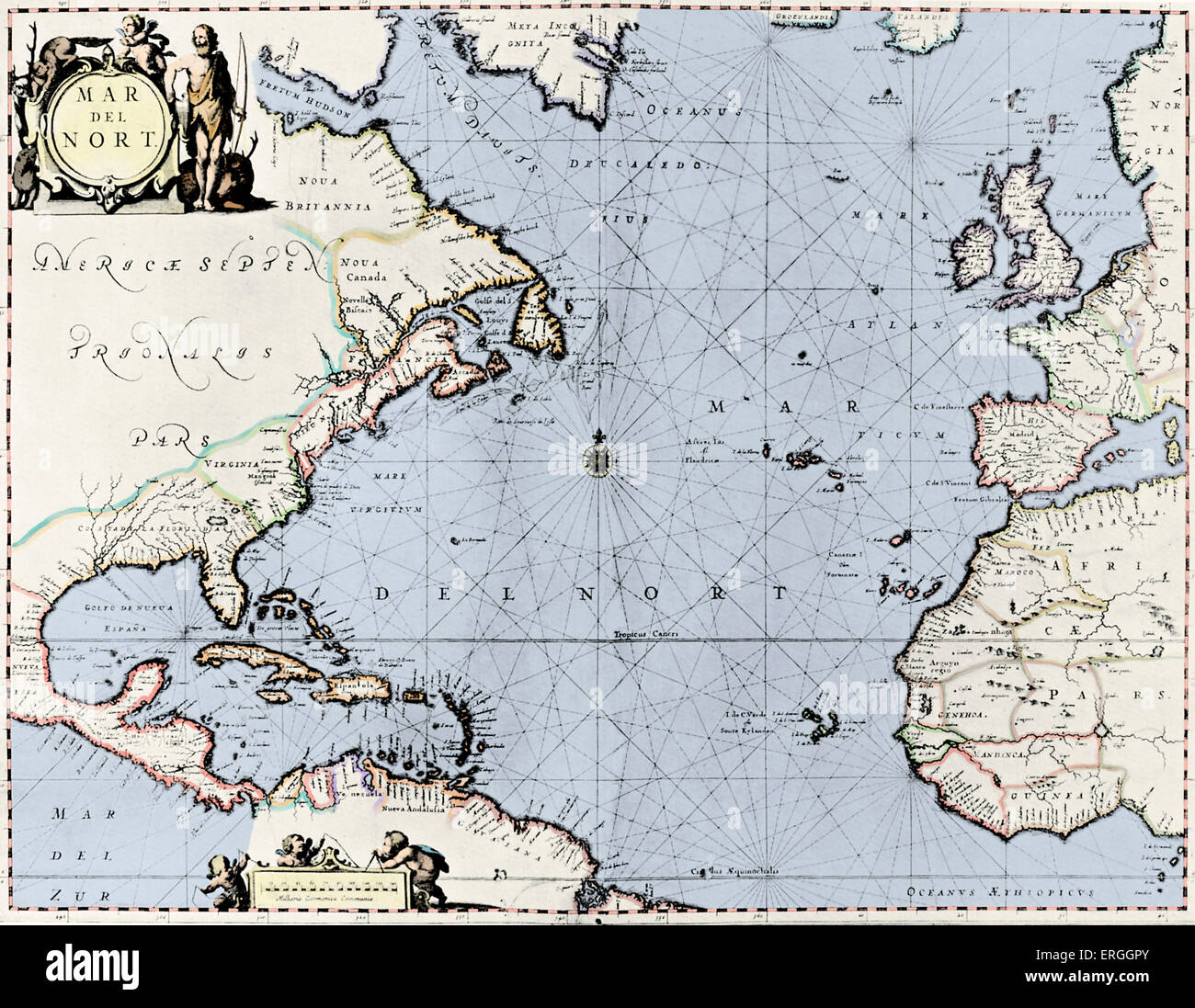 Map of the North Atlantic   - published in Jansson 's 'Novus Atlas', 1658.  (Full title: 'Novus Atlas, das ist Weltbeschreibung Stock Photo