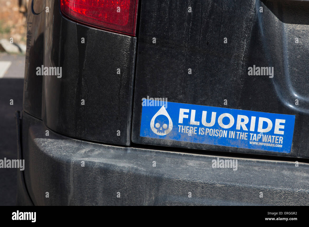 Black Hawk, Colorado - A bumper sticker on an SUV opposes fluoridation of drinking water. Stock Photo
