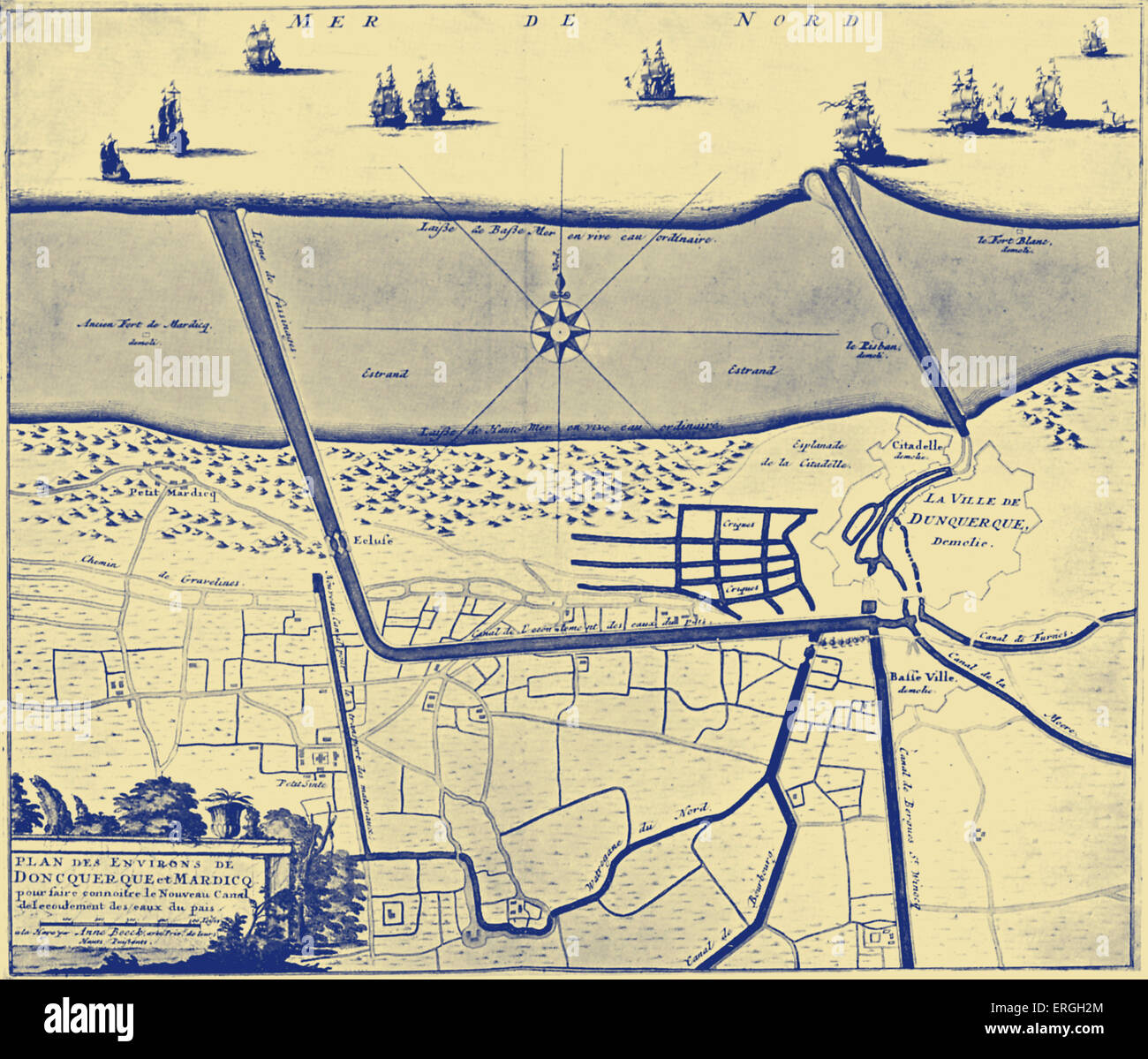 Map of Dunkirk and Mardyck   - published in Schenck 's 'Atlas Contractus', 1713. Stock Photo